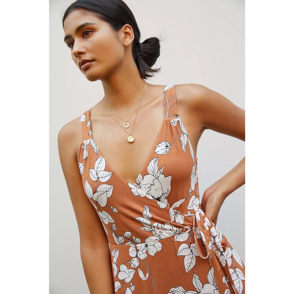 Anthropologie Ruffled Floral Midi Dress Brown Motif Medium Faux Wrap Resortwear - Picture 2 of 12
